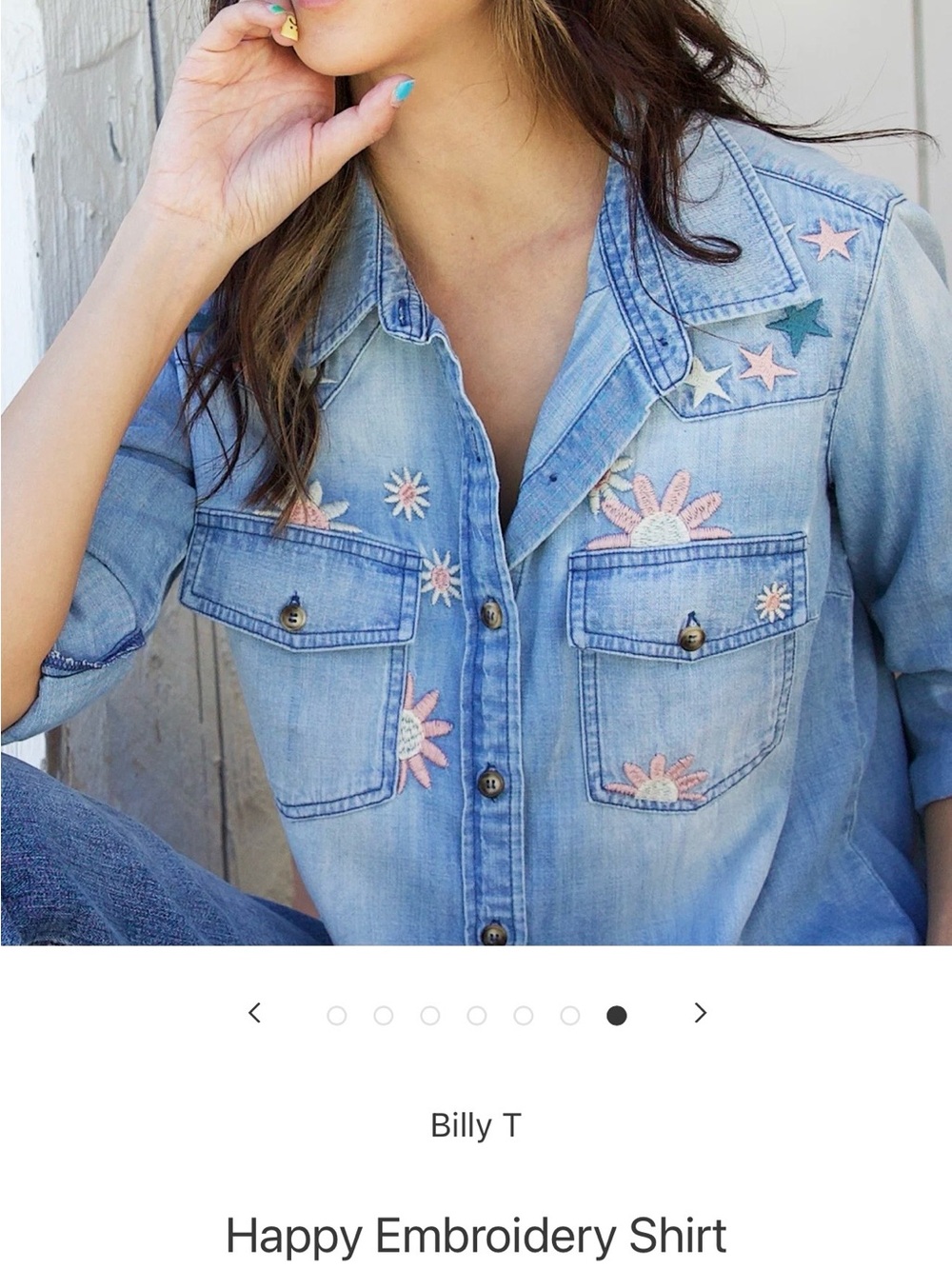 Billy T Happy Embroidery Light Wash Denim Shirt M floral pink sold out on site
